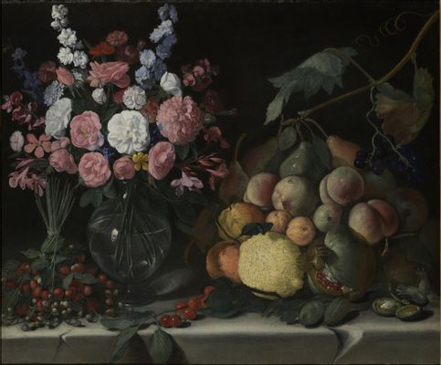 Still life with vase of flowers, pomegranate, peaches, citrus fruits and strawberries