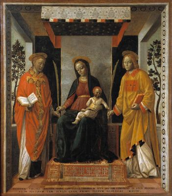 Vincenzo Foppa - Madonna and Child between Saints Faustino and Giovita (Altarpiece of the merchants)