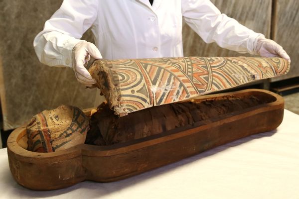 The child's mummy, preserved by a sarcophagus