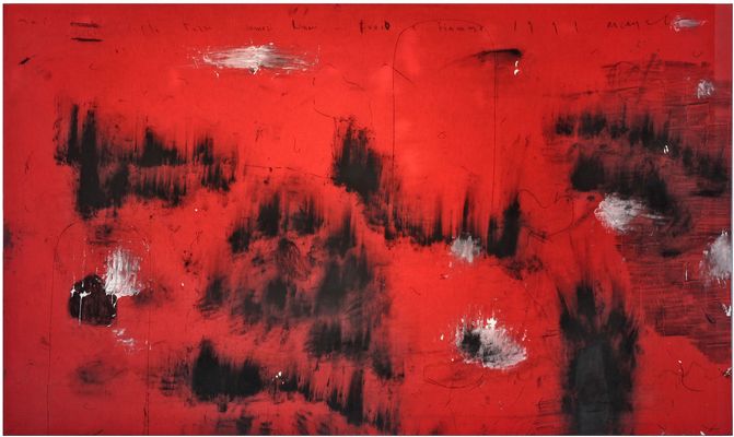 Arcangelo Esposito -  Mai cerchi della terra rumori, fuoco e fiamme, tecnica mista su lenzuolo rosso