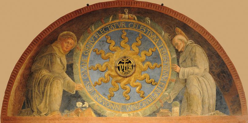 Andrea Mantegna - Sant'Antonio and San Bernardino support the monogram of Christ