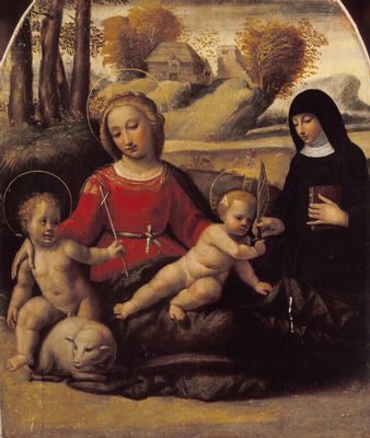 Giovanni Battista Benvenuti, detto l'Ortolano - La Vierge à l'Enfant, San Giovannino et Santa Scolastica