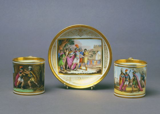 Series of six cups with saucers decorated with Roman subjects