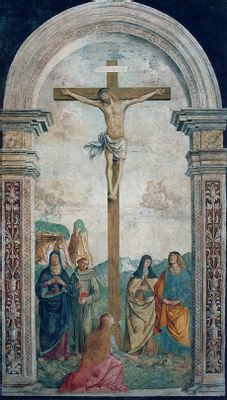 Marco Palmezzano - Il Crocefisso, la Madonna e i Santi Francesco, Chiara, Giovanni Evangelista e Maddalena 