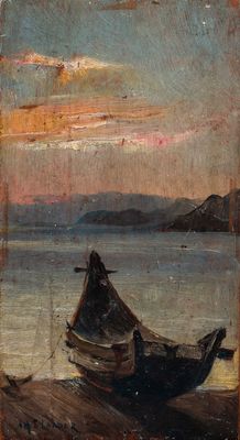 Arnold Henry Savage Landor - Marina im Morgengrauen mit Boot vor Anker (Wakkanai),