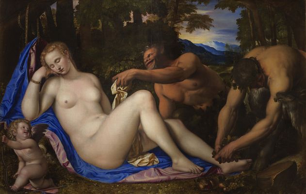 Simone Peterzano - Venus and Cupid with two satyrs in the landscape