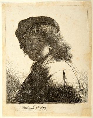 Rembrandt Harmenszoon van Rijn, detto Rembrandt - Self-portrait with scarf around his neck and face in shadow