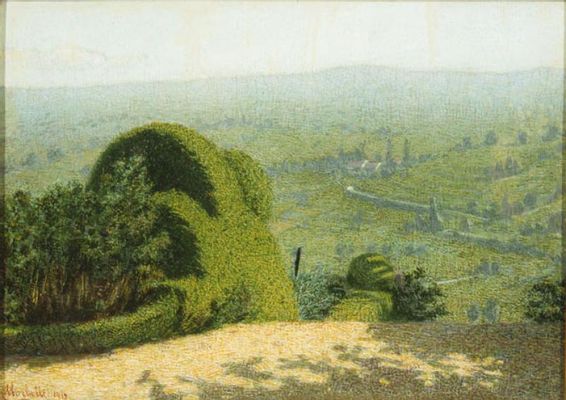 Angelo Morbelli - Garden corner with landscape background