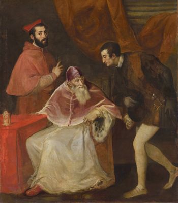 Tiziano Vecellio, detto Tiziano - Porträt von Paul III mit seinen Enkeln