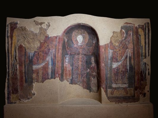 Fresco depicting the Praying Virgin and Queen with two offerers and angels