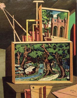 Giorgio de Chirico - Metaphysical interior (with trees and waterfall)